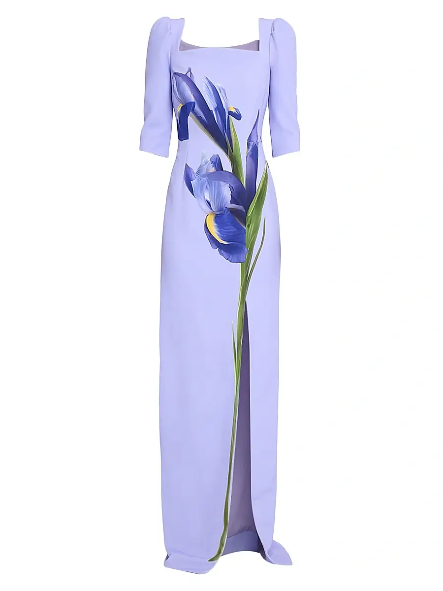 Teri Jon by Rickie Freeman Women's Iris Print Crepe Column Gown | Image 1 Teri Jon by Rickie Freeman Women's Iris Print Crepe Column Gown | Image 1