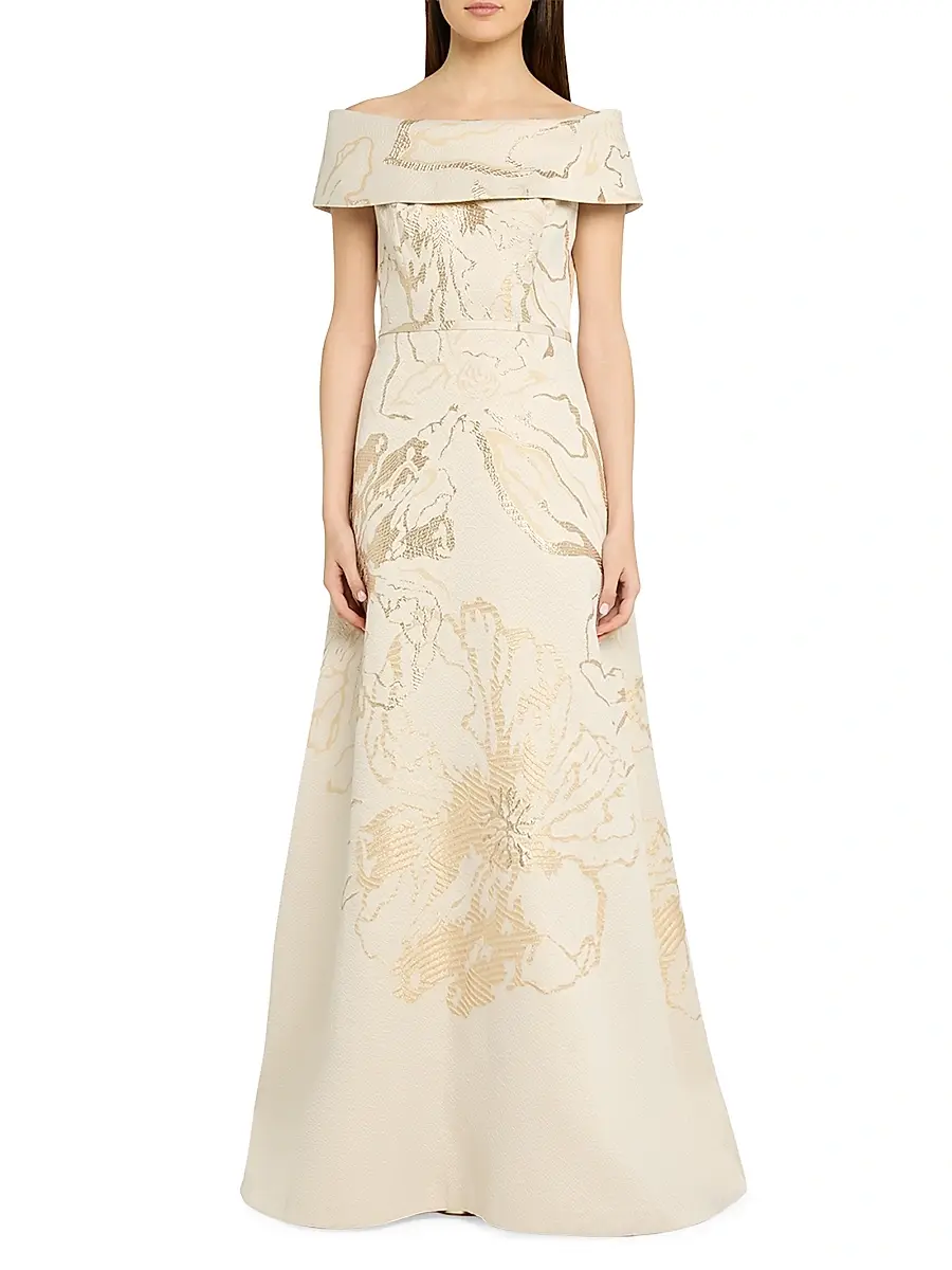Teri Jon by Rickie Freeman Women's Metallic Jacquard Off-The-Shoulder Gown | Thumbnail 2 Teri Jon by Rickie Freeman Women's Metallic Jacquard Off-The-Shoulder Gown | Thumbnail 2