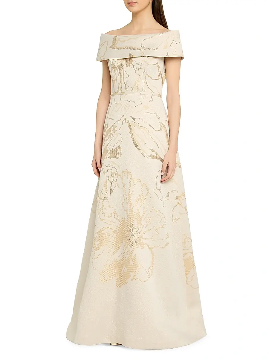 Teri Jon by Rickie Freeman Women's Metallic Jacquard Off-The-Shoulder Gown | Thumbnail 3 Teri Jon by Rickie Freeman Women's Metallic Jacquard Off-The-Shoulder Gown | Thumbnail 3