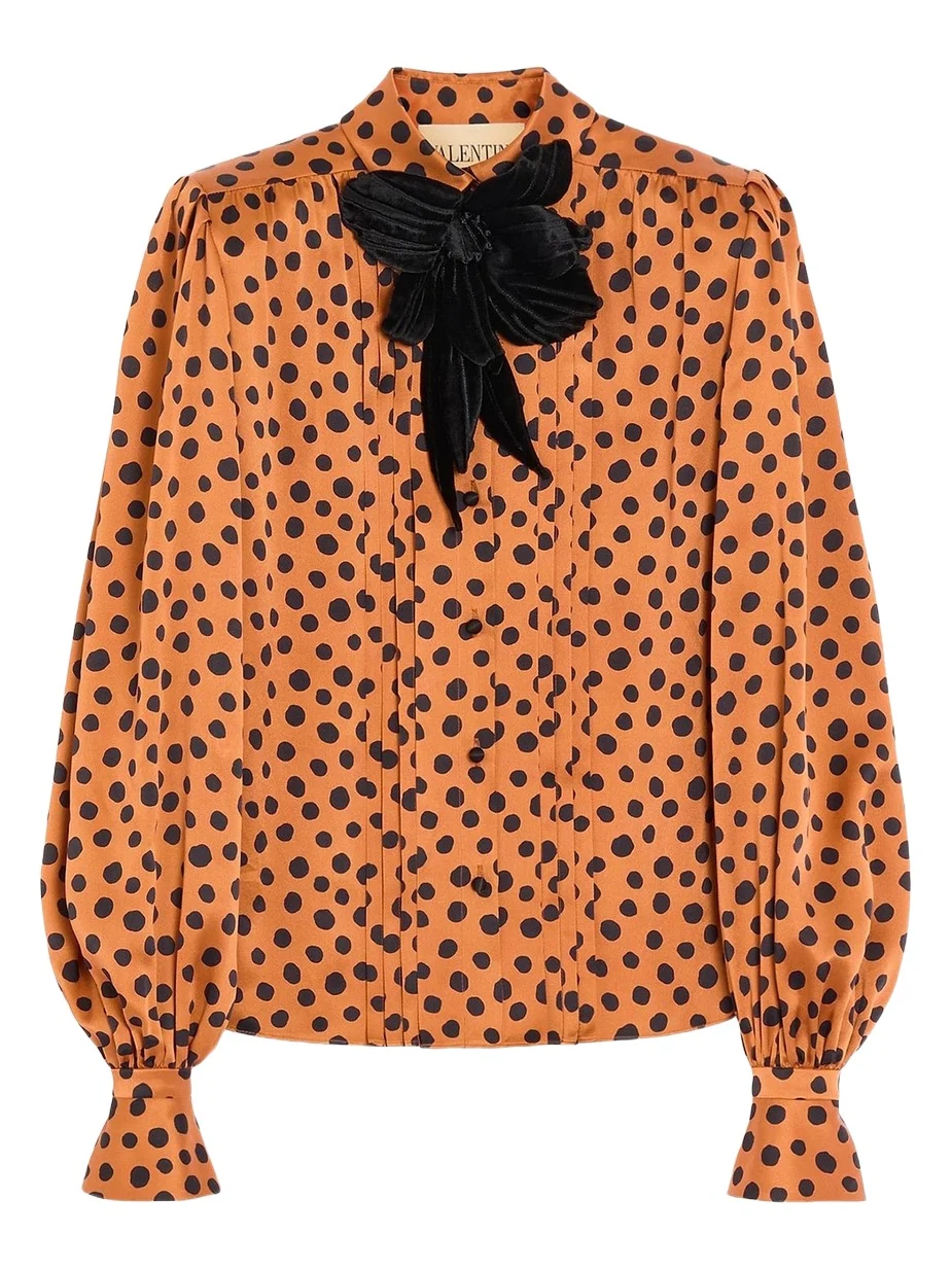 Valentino Women's Crepe Satin Shirt with Plus De Pois Dalmata Print | Thumbnail 1 Valentino Women's Crepe Satin Shirt with Plus De Pois Dalmata Print | Thumbnail 1