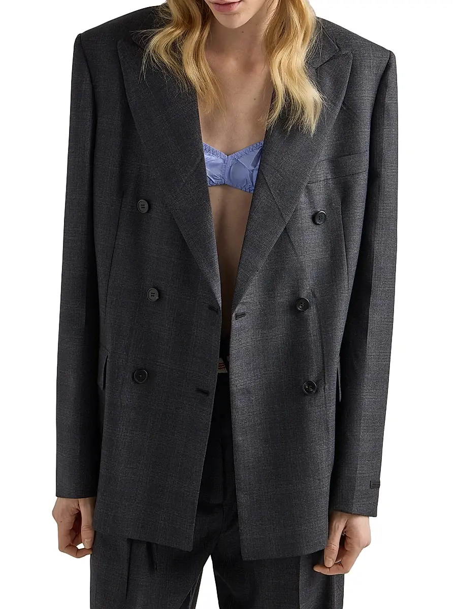 Prada Women's Double-Breasted Checked Wool Jacket - Grey | Thumbnail 2 Prada Women's Double-Breasted Checked Wool Jacket - Grey | Thumbnail 2