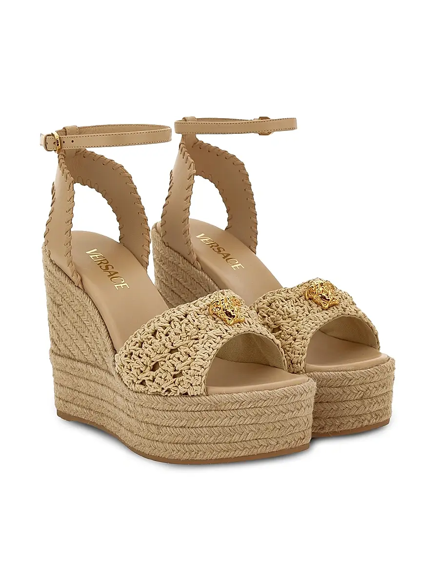 Versace Women's La Medusa 120MM Straw & Leather Platform Wedge Espadrille Sandals - Natural Ambrer Gold | Image 1 Versace Women's La Medusa 120MM Straw & Leather Platform Wedge Espadrille Sandals - Natural Ambrer Gold | Image 1