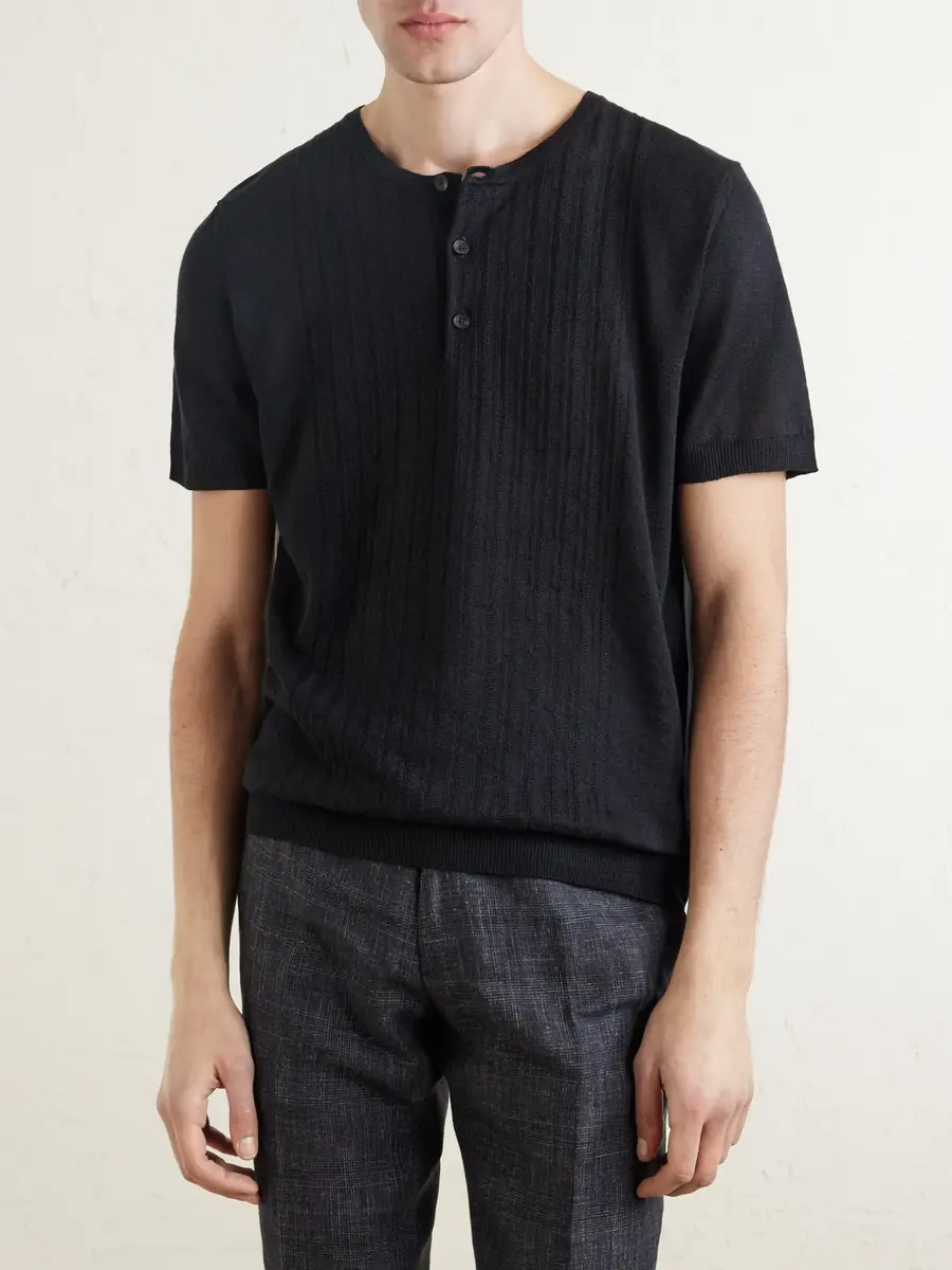 MR P. Pointelle-Knit Linen and Cotton-Blend Henley T-Shirt - Men | Thumbnail 3