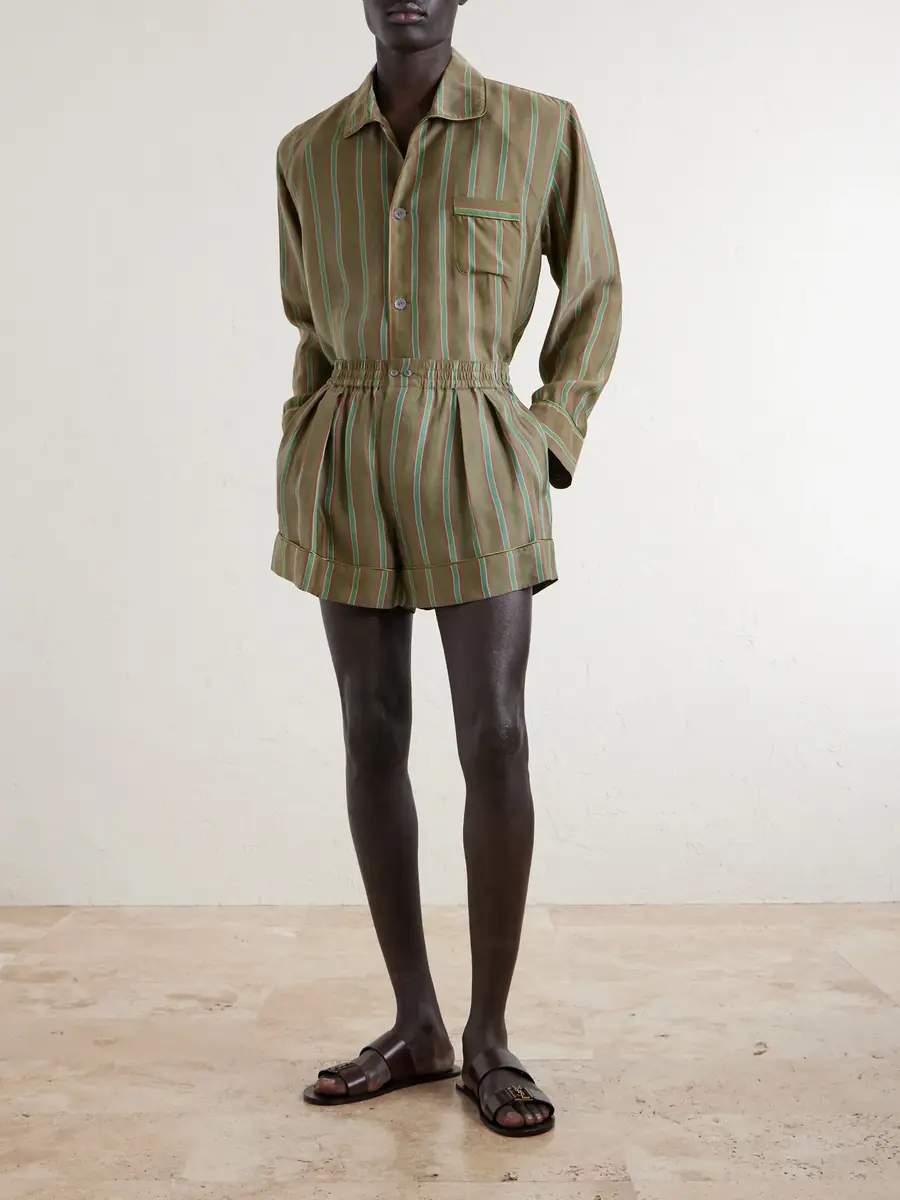 Saint Laurent Wide-Leg Piped Pleated Striped Recycled-Twill Shorts - Men | Thumbnail 2