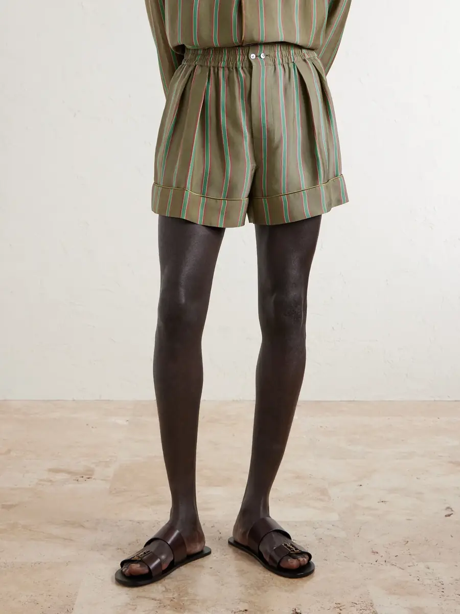 Saint Laurent Wide-Leg Piped Pleated Striped Recycled-Twill Shorts - Men | Thumbnail 3