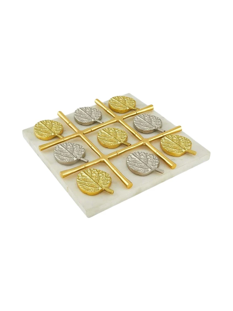Tizo Bamboo Leaf Silver & Gold Marble Tic Tac Toe Board