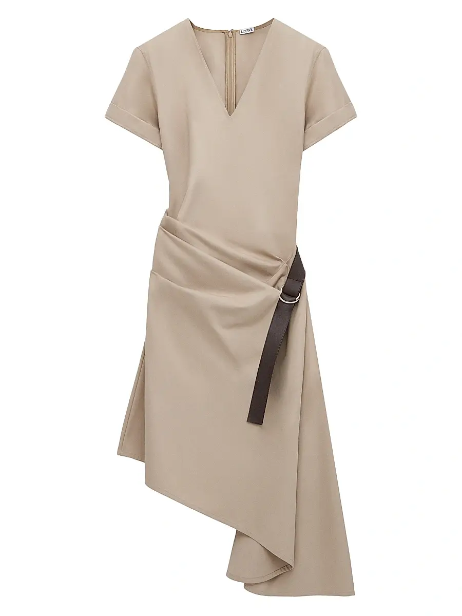 LOEWE Women's Belted Asymmetric Cotton-Blend Midi-Dress - Beige | Image 1 LOEWE Women's Belted Asymmetric Cotton-Blend Midi-Dress - Beige | Image 1