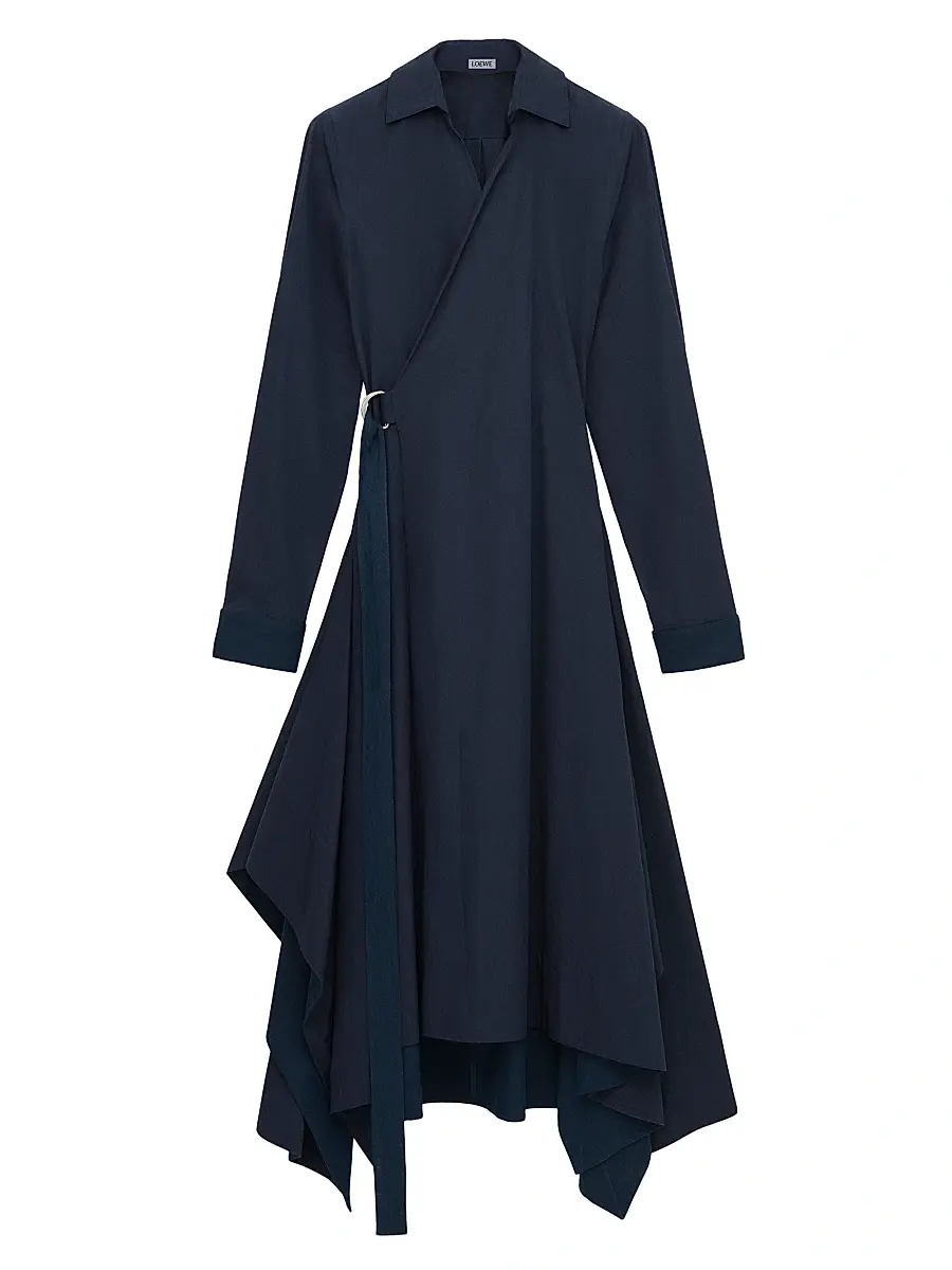 LOEWE Women's Draped Wrap Cotton-Blend Midi-Dress - Navy Blue | Image 1 LOEWE Women's Draped Wrap Cotton-Blend Midi-Dress - Navy Blue | Image 1