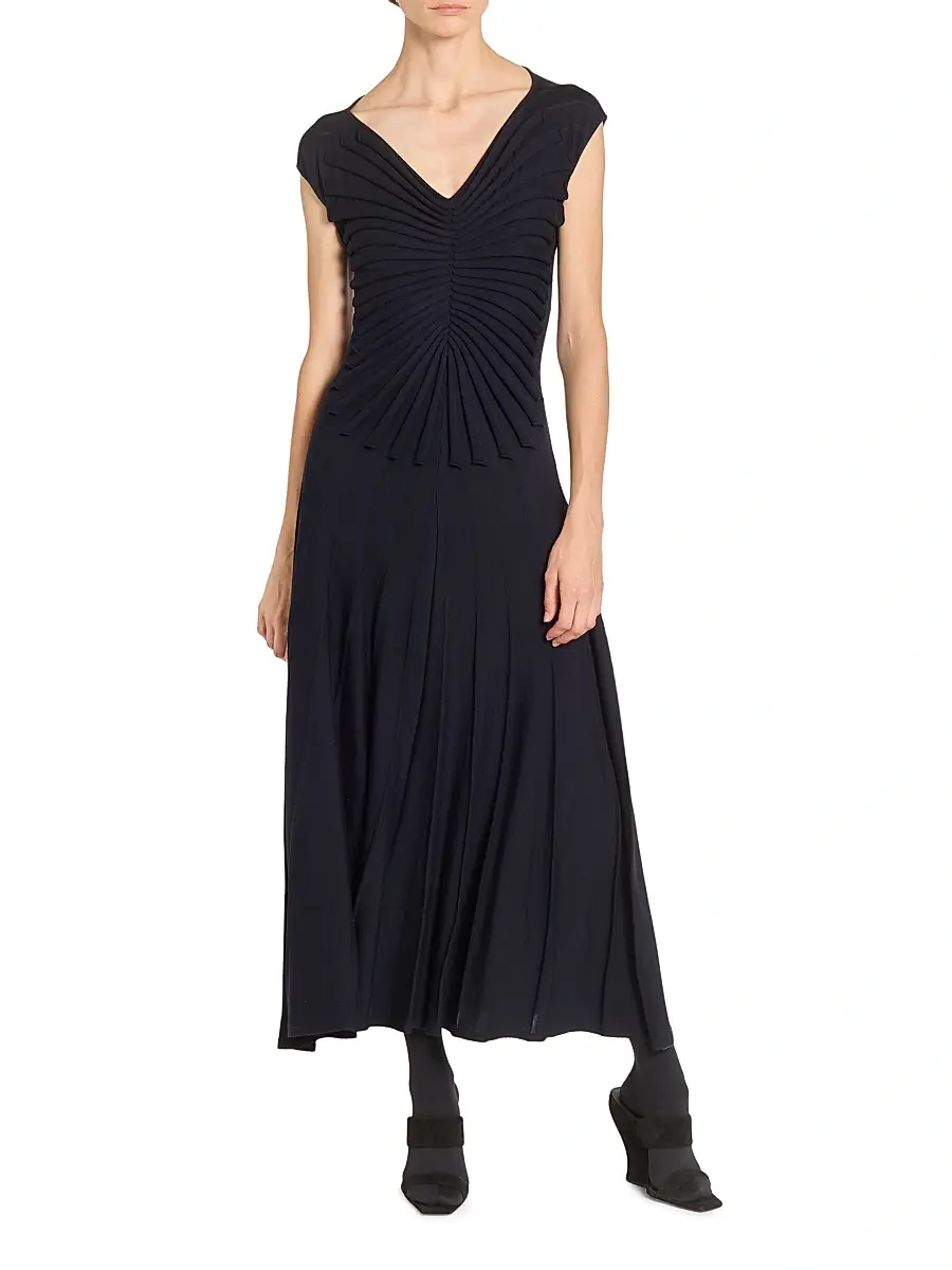 Alaïa Women's V Sculpt Pleated Wool Midi-Dress - Minuit | Thumbnail 3 Alaïa Women's V Sculpt Pleated Wool Midi-Dress - Minuit | Thumbnail 3