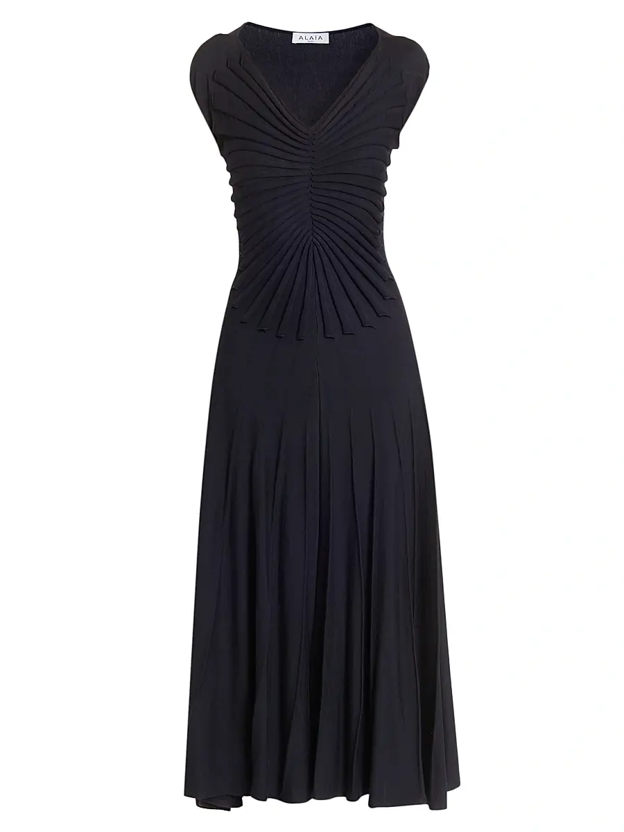 Alaïa Women's V Sculpt Pleated Wool Midi-Dress - Minuit | Image 1 Alaïa Women's V Sculpt Pleated Wool Midi-Dress - Minuit | Image 1