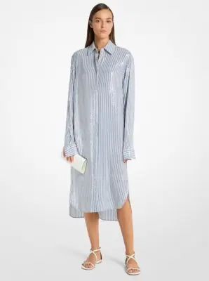 Michael Kors Collection Sequined Stripe Crepe De Chine Shirtdress in Grey | Thumbnail 3