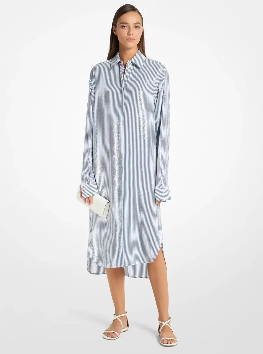 Michael Kors Collection Sequined Stripe Crepe De Chine Shirtdress in Grey | Thumbnail 4