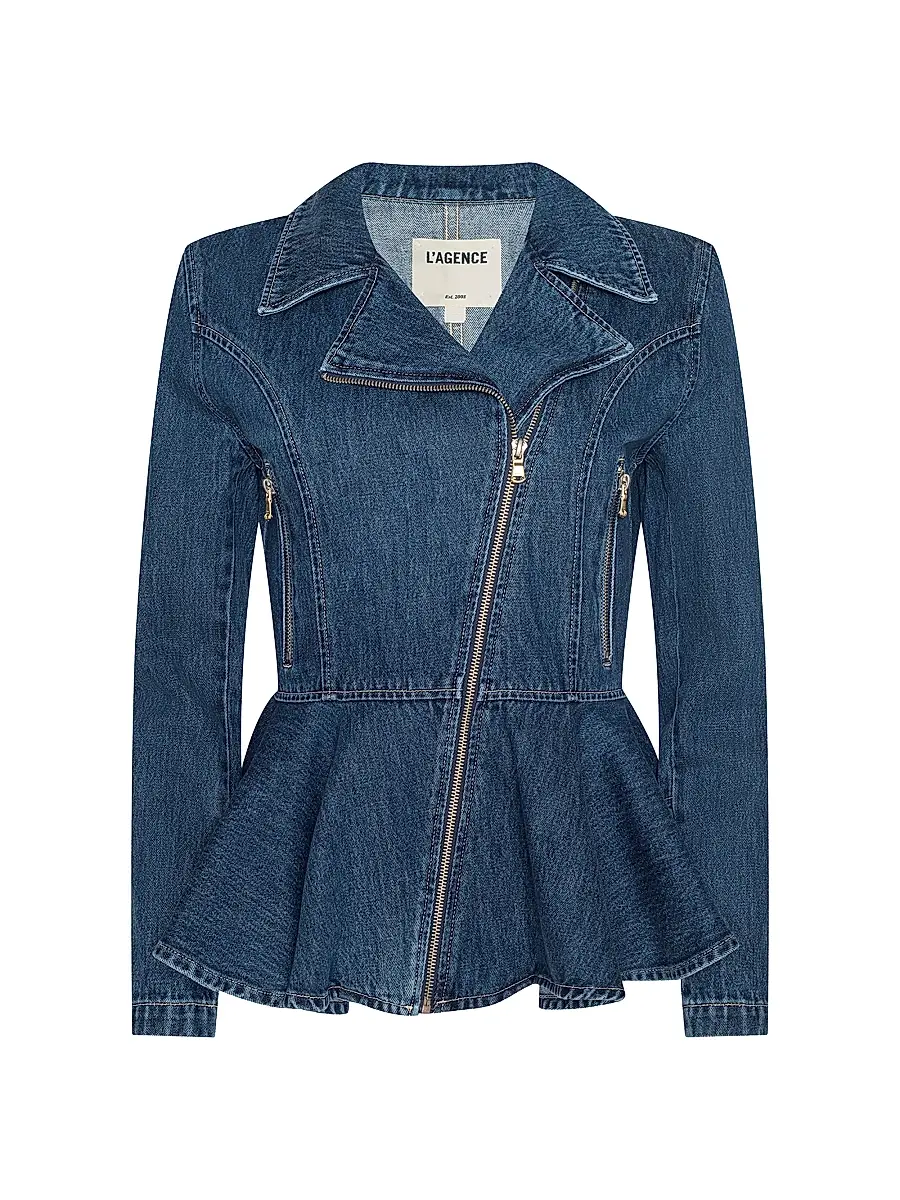 L'Agence Women's Moxie Peplum Denim Biker Jacket