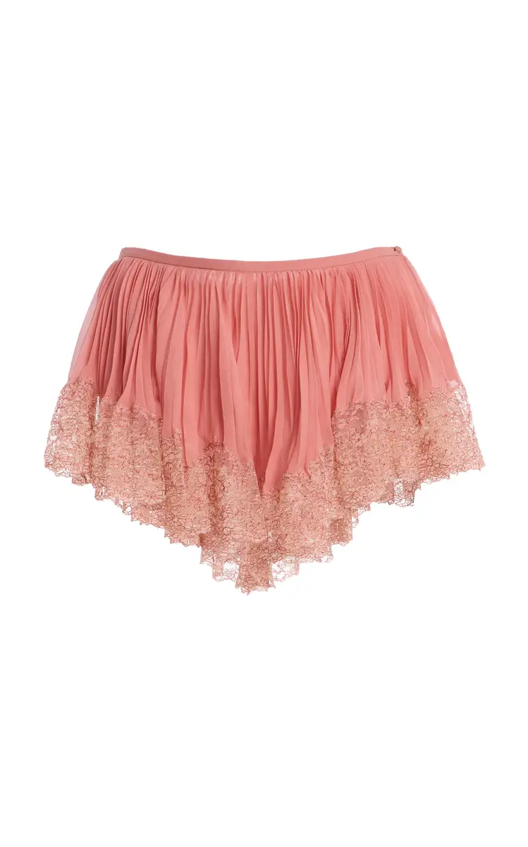 Saint Laurent Lace-Trimmed Plisse Silk Shorts | Image 1 Saint Laurent Lace-Trimmed Plisse Silk Shorts | Image 1