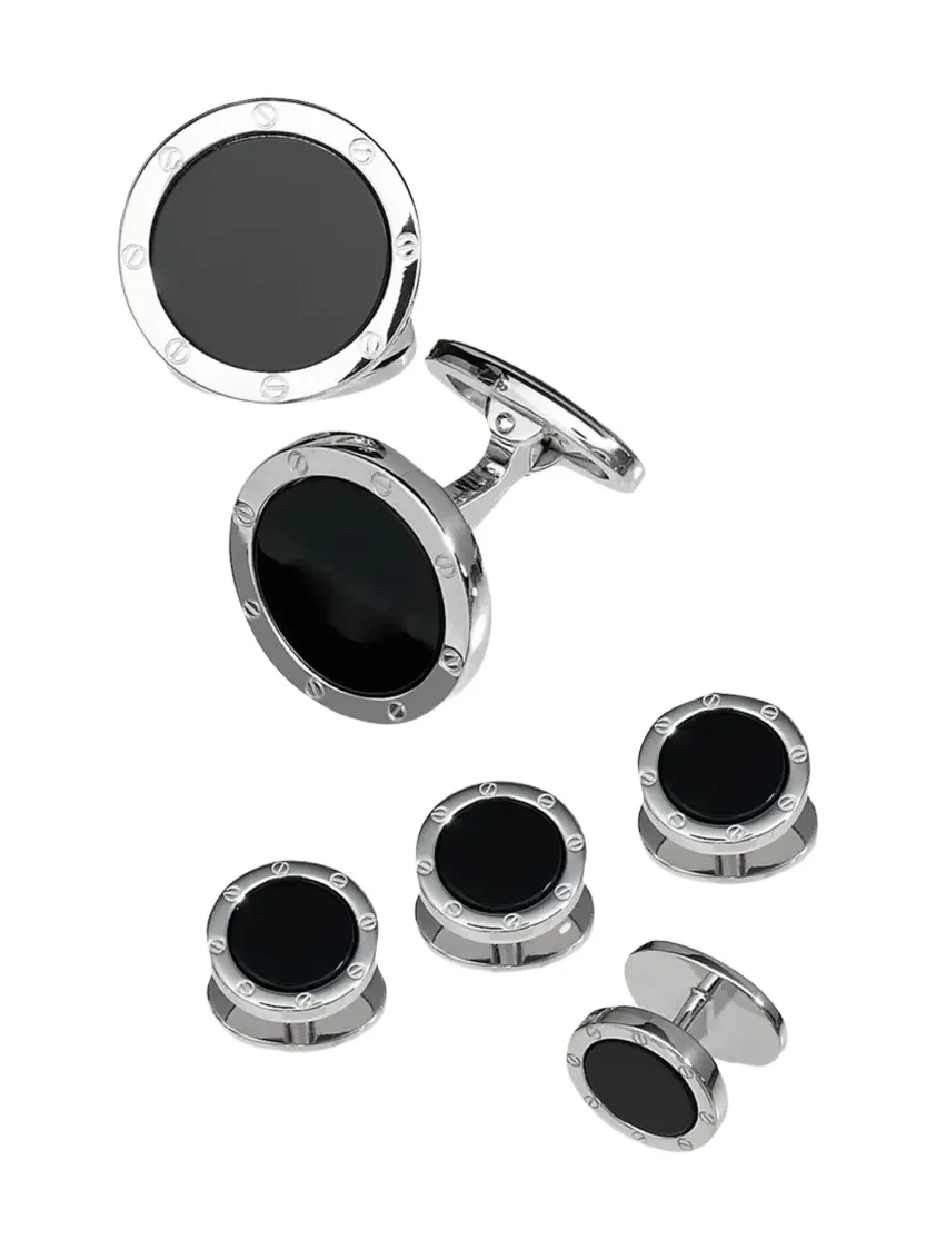 Round Onyx Cuff Link and Stud Set