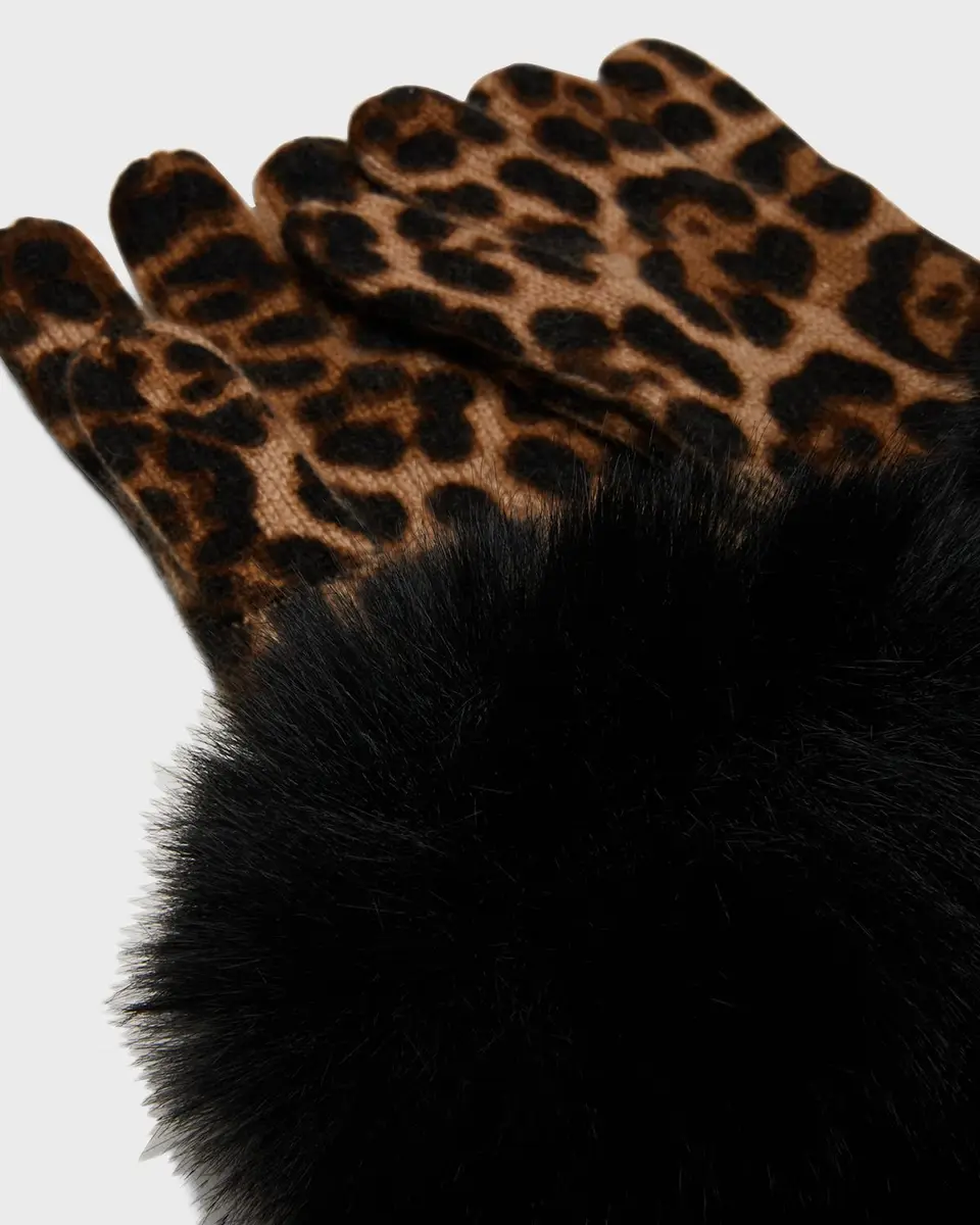 Sofia Cashmere Leopard Print Cashmere Gloves w/ Faux Fur Cuffs | Image 1 Sofia Cashmere Leopard Print Cashmere Gloves w/ Faux Fur Cuffs | Image 1