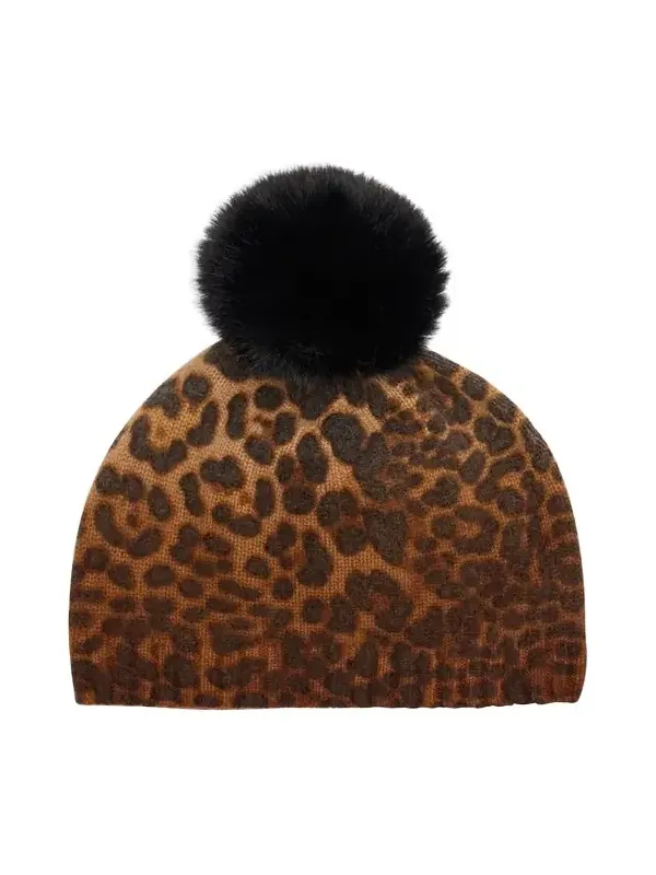 Leopard Print Cashmere & Faux Fur Pom Beanie