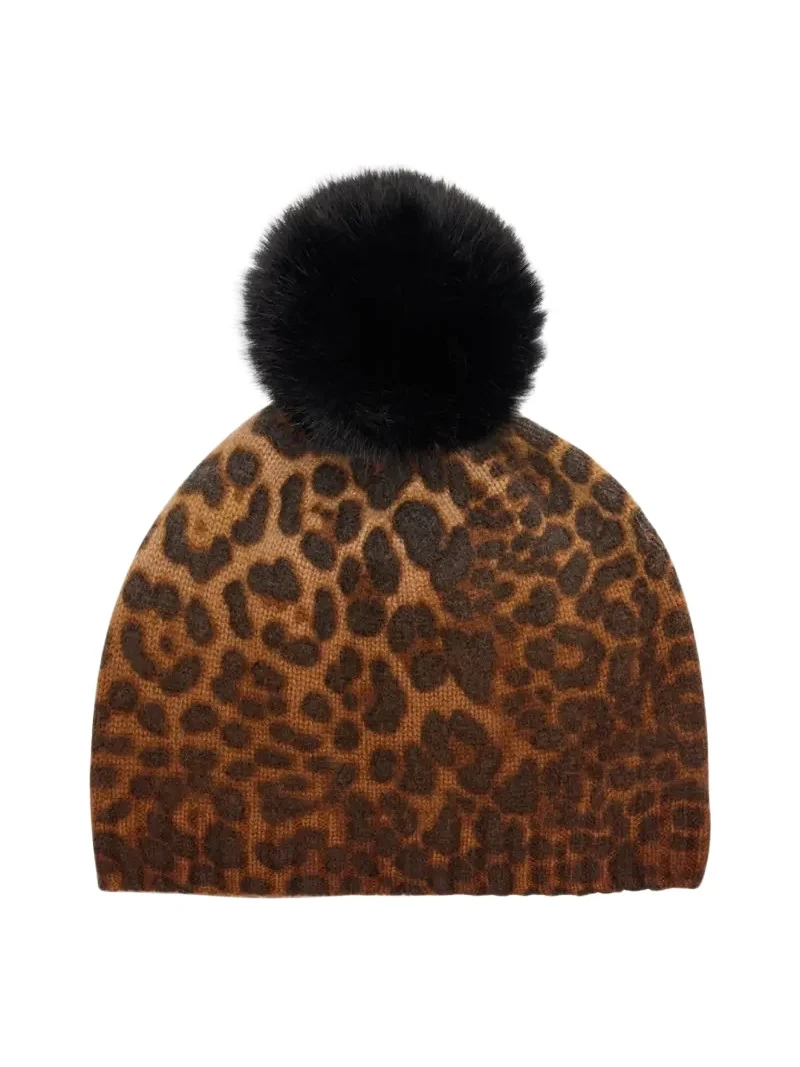 Leopard Print Cashmere & Faux Fur Pom Beanie Leopard Print Cashmere & Faux Fur Pom Beanie