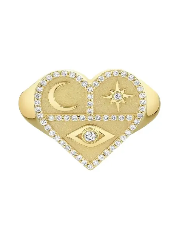 14K Yellow Gold Heart Icons Signet Ring with Diamonds 14K Yellow Gold Heart Icons Signet Ring with Diamonds