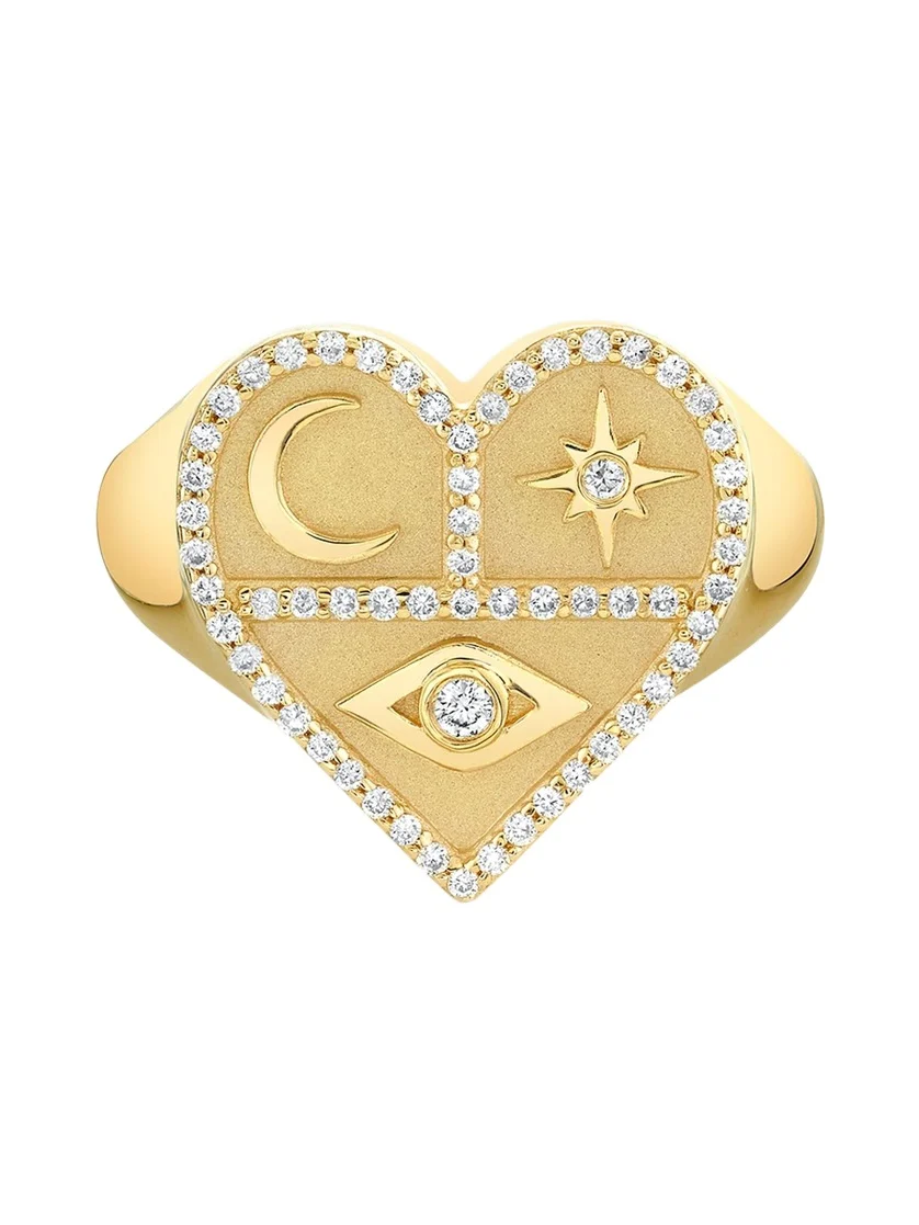14K Yellow Gold Heart Icons Signet Ring with Diamonds 14K Yellow Gold Heart Icons Signet Ring with Diamonds