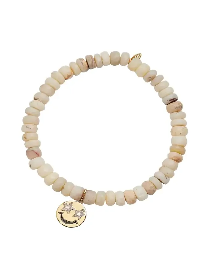 Opal Beaded Bracelet with 14K Gold Diamond Happy Face Charm Opal Beaded Bracelet with 14K Gold Diamond Happy Face Charm