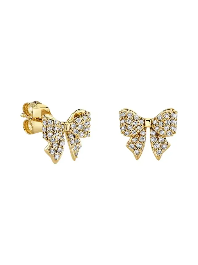 14K Yellow Gold Pave Diamond Bow Stud Earrings