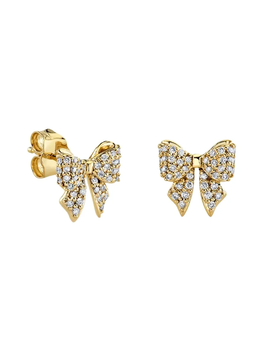 14K Yellow Gold Pave Diamond Bow Stud Earrings