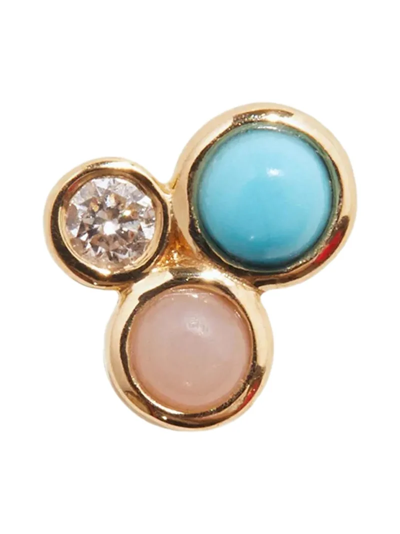 PAMELA LOVE 14k Yellow Gold, Pink Opal, Turquoise, and Diamond Bezel Set Trio Stud Earring