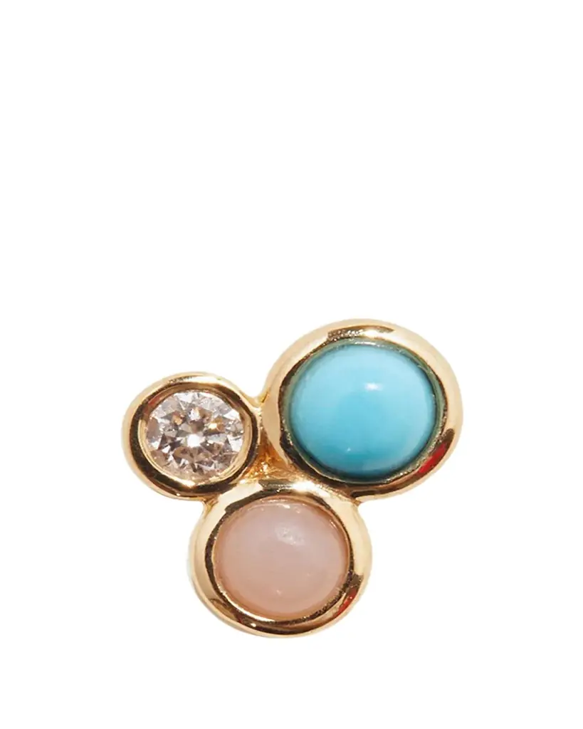 PAMELA LOVE 14k Yellow Gold, Pink Opal, Turquoise, and Diamond Bezel Set Trio Stud Earring | Image 1 PAMELA LOVE 14k Yellow Gold, Pink Opal, Turquoise, and Diamond Bezel Set Trio Stud Earring | Image 1