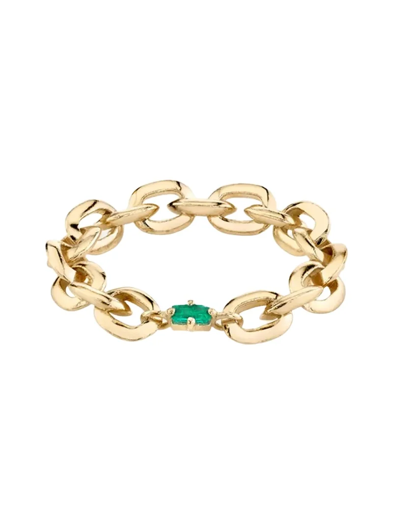 Lizzie Mandler Fine Jewelry 18K Knife Edge Oval Link Ring with Emerald