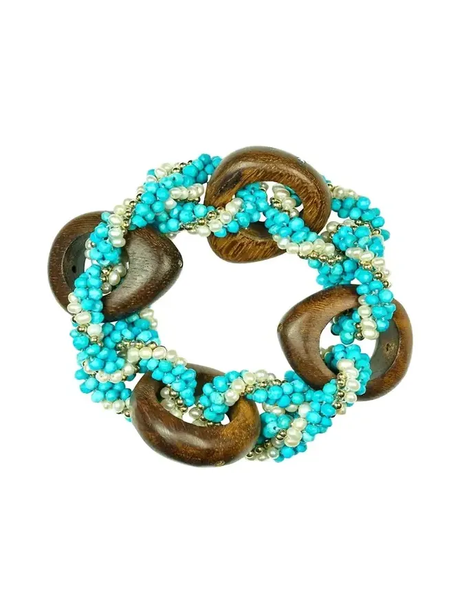 14K Yellow Gold Link Bracelet with Wood, Turquoise and Pearls