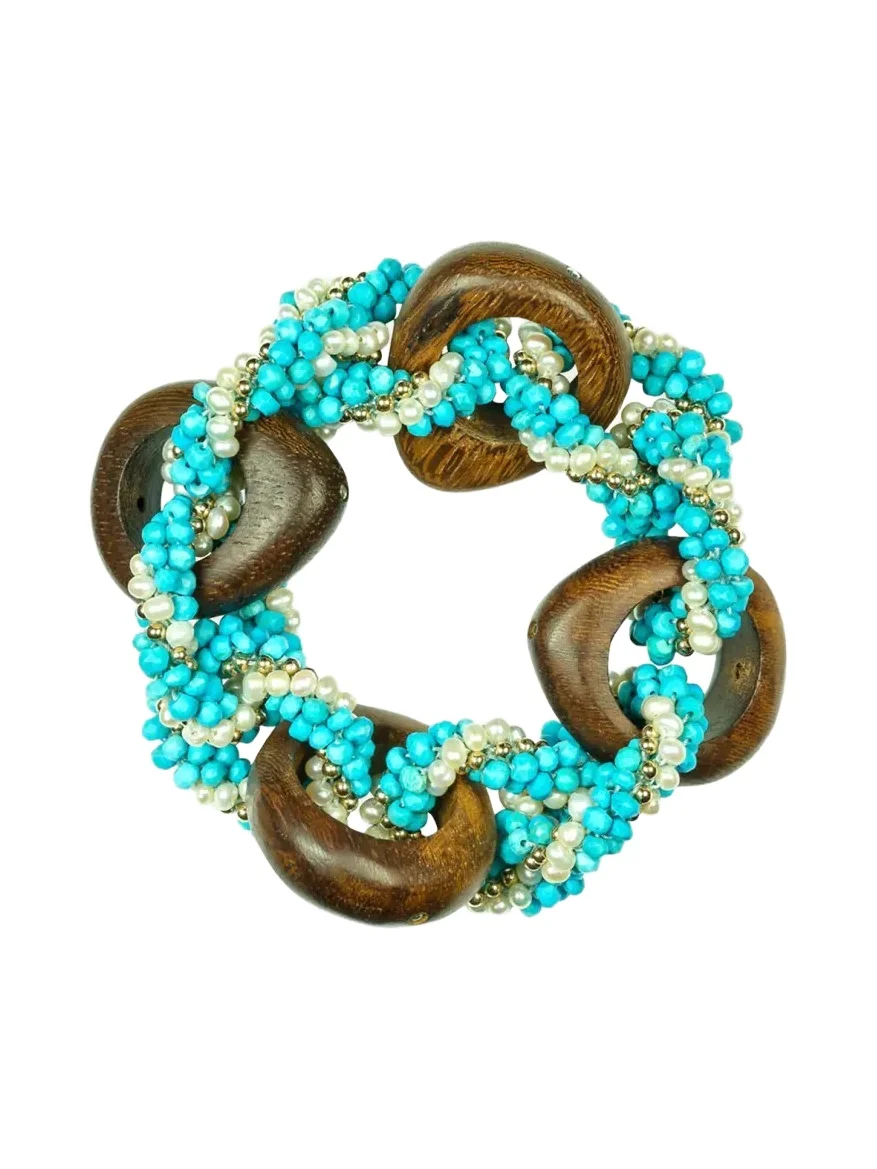 14K Yellow Gold Link Bracelet with Wood, Turquoise and Pearls