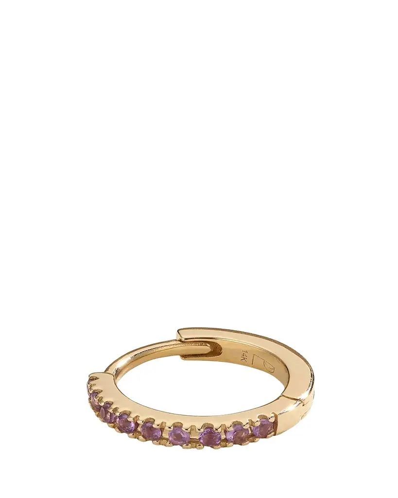 Pamela Love 14k Yellow Gold Pave Amethyst 8mm Huggie Hoop Earring, Single | Image 1 Pamela Love 14k Yellow Gold Pave Amethyst 8mm Huggie Hoop Earring, Single | Image 1