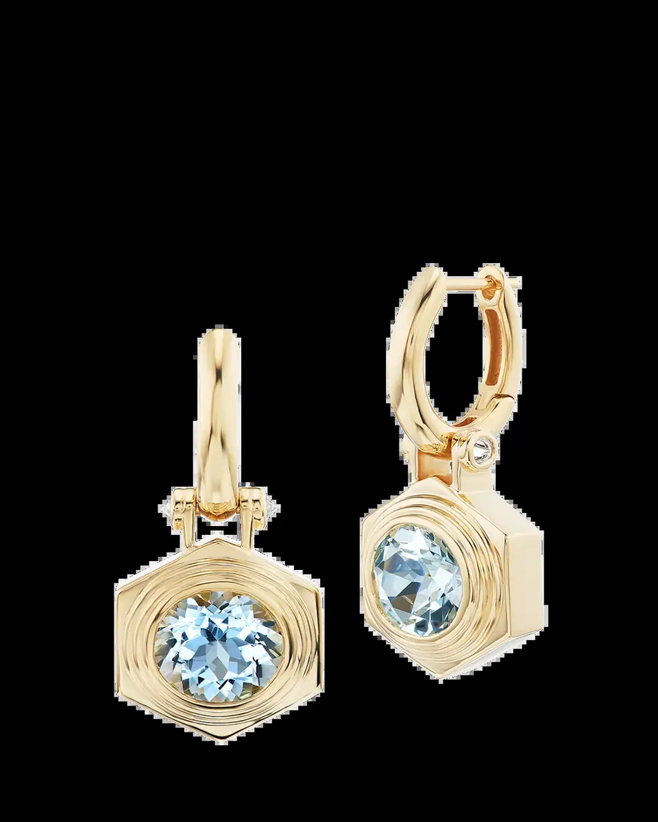 Harwell Godfrey 18K Yellow Gold Hexed Drop Huggie Earrings with Diamonds and Aquamarine | Thumbnail 2