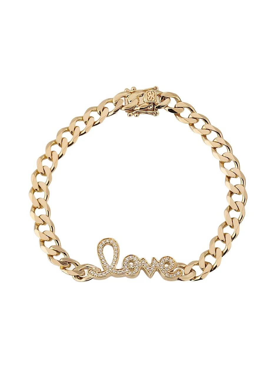 Sydney Evan 14K Yellow Gold and Diamond Love Script Curb Link Chain Bracelet