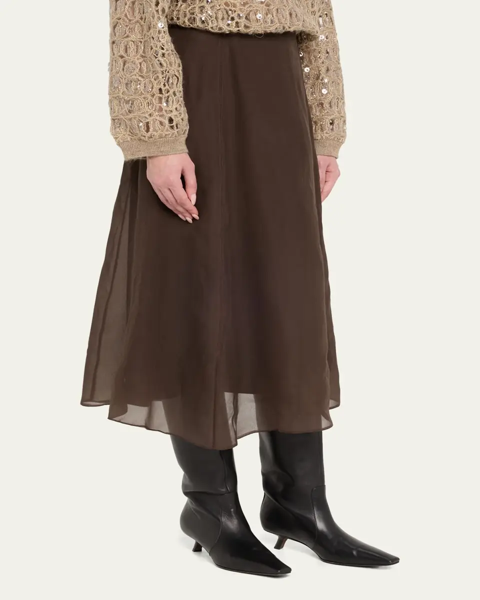 Brunello Cucinelli Crispy Silk Chiffon Midi Skirt | Thumbnail 4