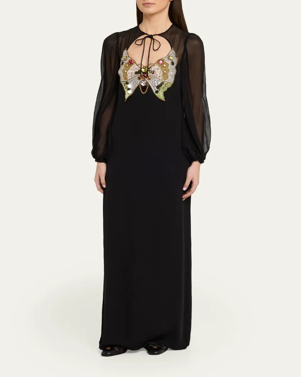 Valentino Garavani Embroidered Silk Georgette Long Dress | Thumbnail 4