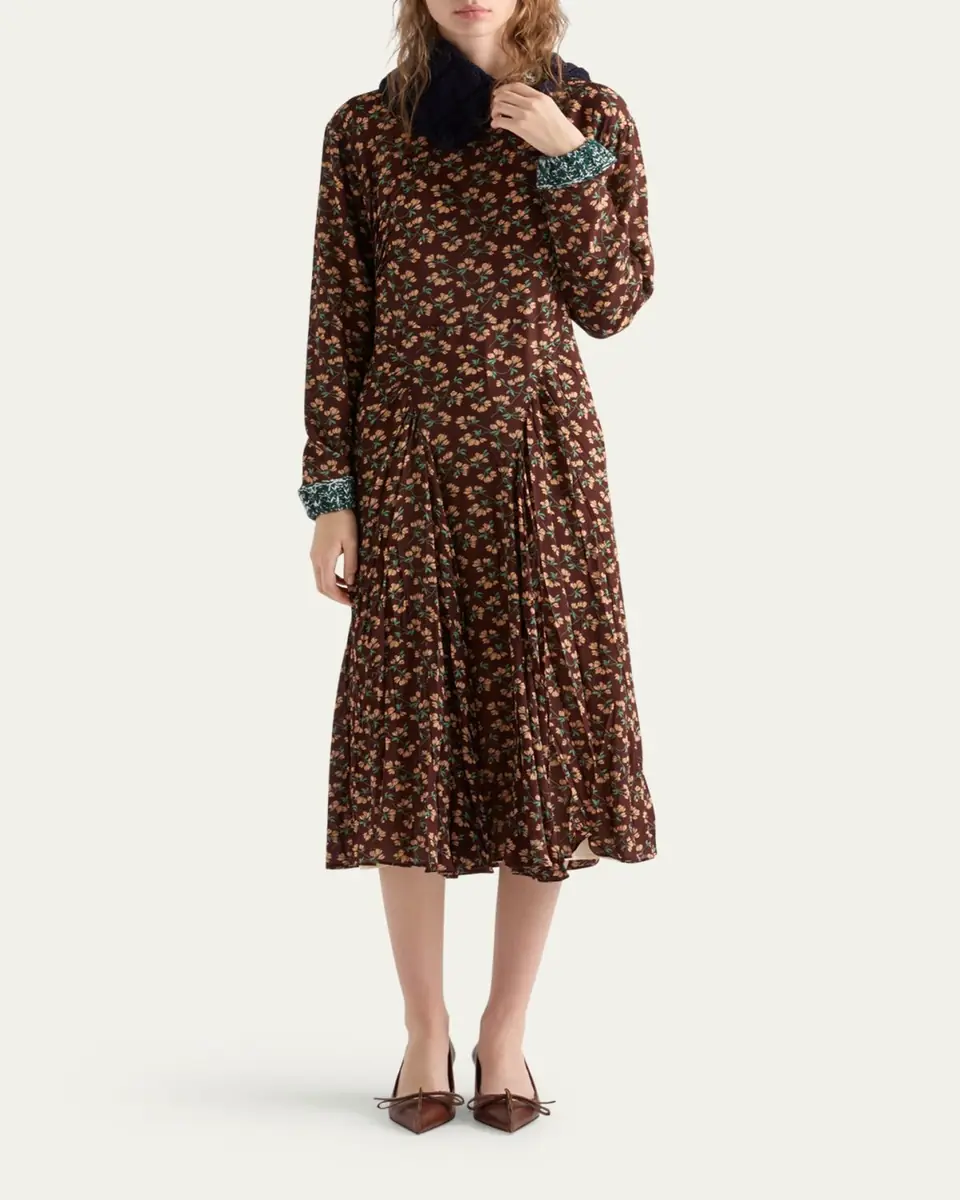 Prada Floral-Print Silk Georgette Long-Sleeve Midi Dress | Thumbnail 2 Prada Floral-Print Silk Georgette Long-Sleeve Midi Dress | Thumbnail 2