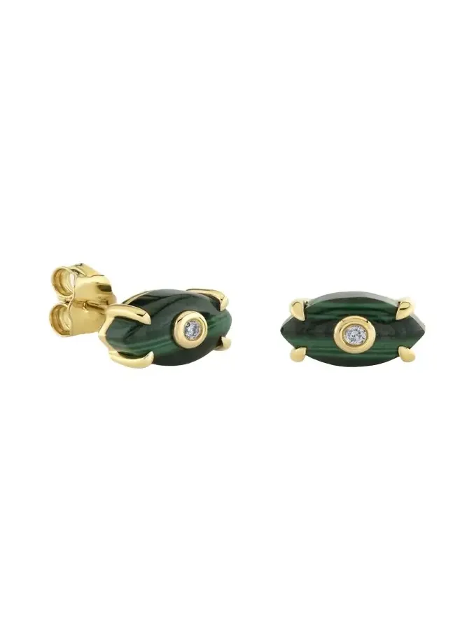 14K Carved Malachite and Diamond Evil Eye Earrings