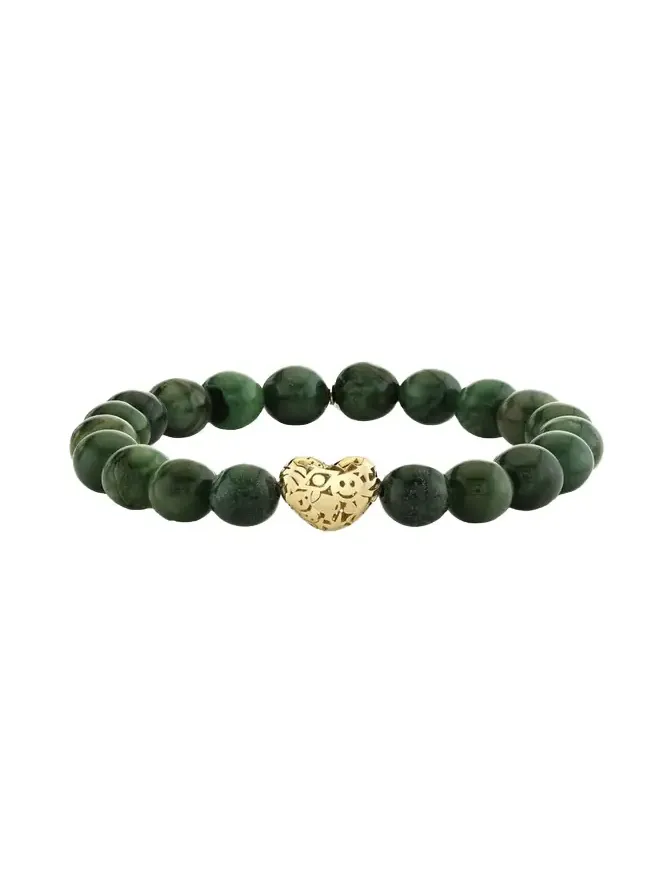 14K Puffy Icon Wallpaper Heart on Green Bead Bracelet