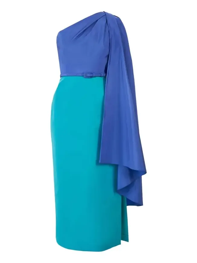 Colorblock Silk Belted One-Shoulder Maxi Dress With Detachable Drape