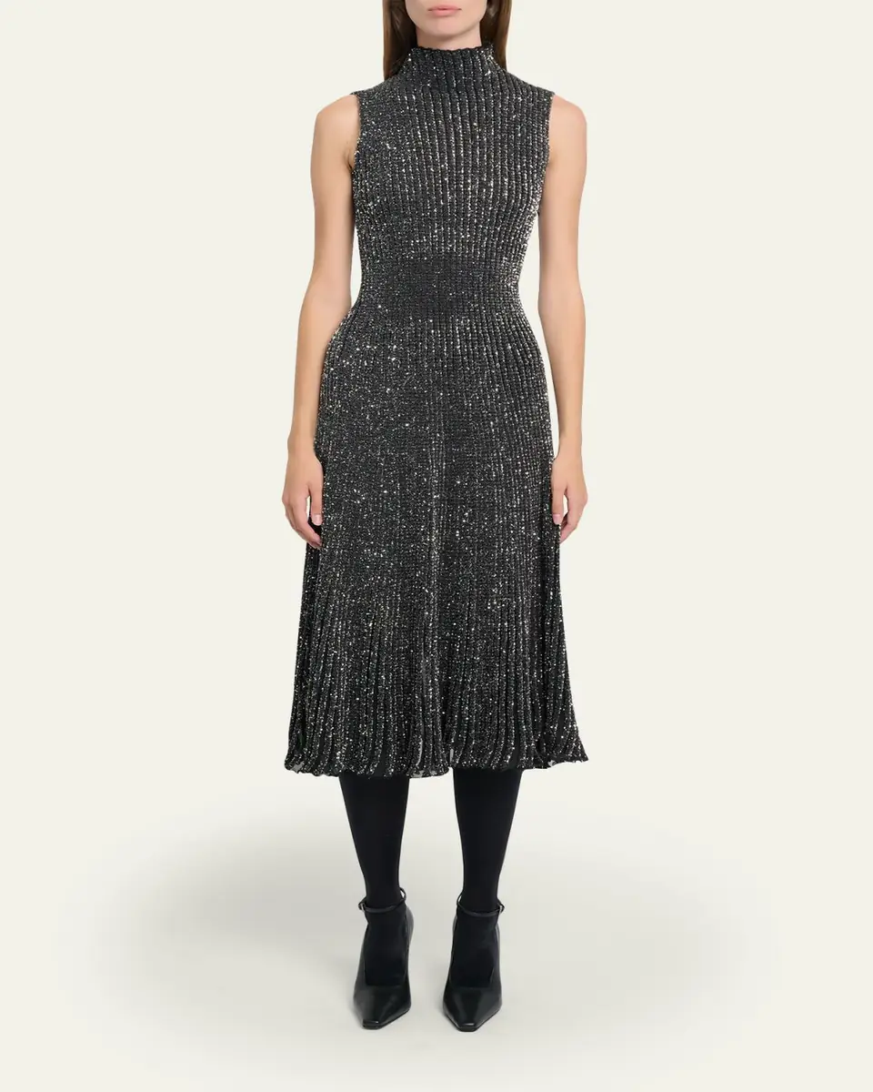 Alaïa Mock-Neck Metallic Rib Sleeveless Midi Dress | Thumbnail 2 Alaïa Mock-Neck Metallic Rib Sleeveless Midi Dress | Thumbnail 2