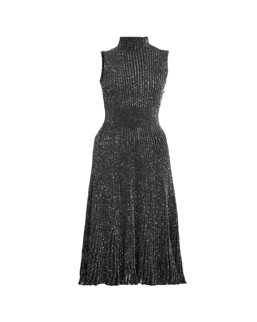 Alaïa Mock-Neck Metallic Rib Sleeveless Midi Dress | Image 1 Alaïa Mock-Neck Metallic Rib Sleeveless Midi Dress | Image 1