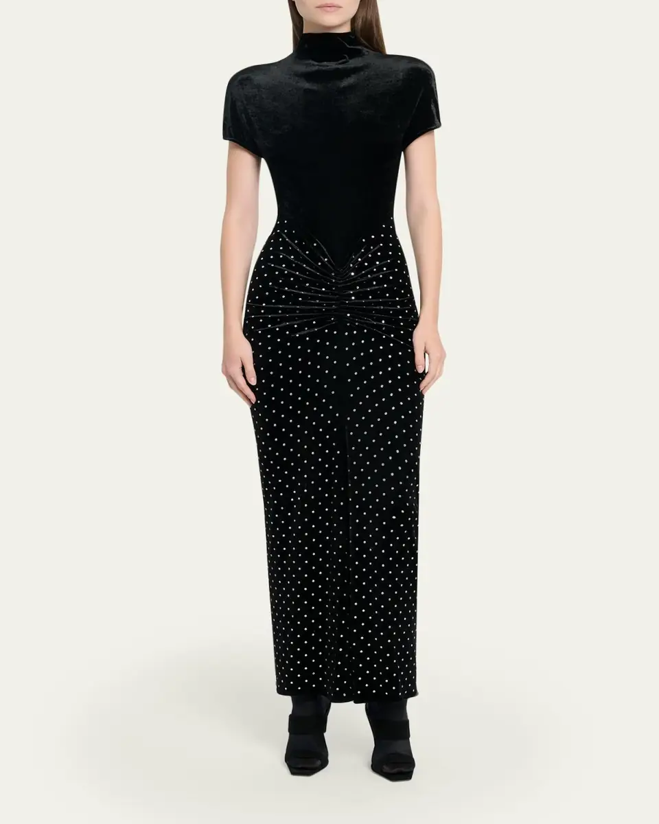 ALAÏA Mock-Neck Ruched Mirrored Velvet Maxi Dress | Thumbnail 2 ALAÏA Mock-Neck Ruched Mirrored Velvet Maxi Dress | Thumbnail 2