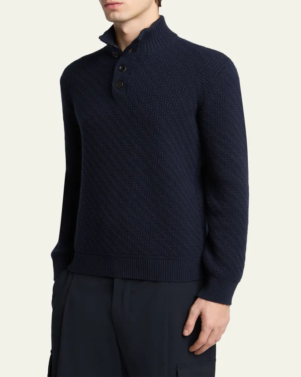Giorgio Armani Men's Chevron Cashmere Half-Placket Sweater | Thumbnail 4 Giorgio Armani Men's Chevron Cashmere Half-Placket Sweater | Thumbnail 4