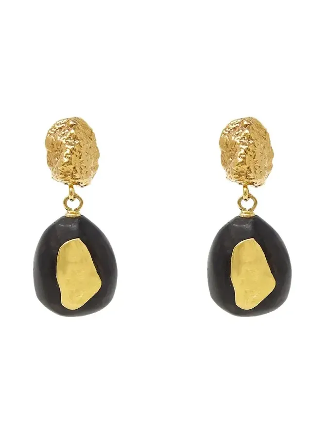 Ebony Wood and Gold Nugget Earrings