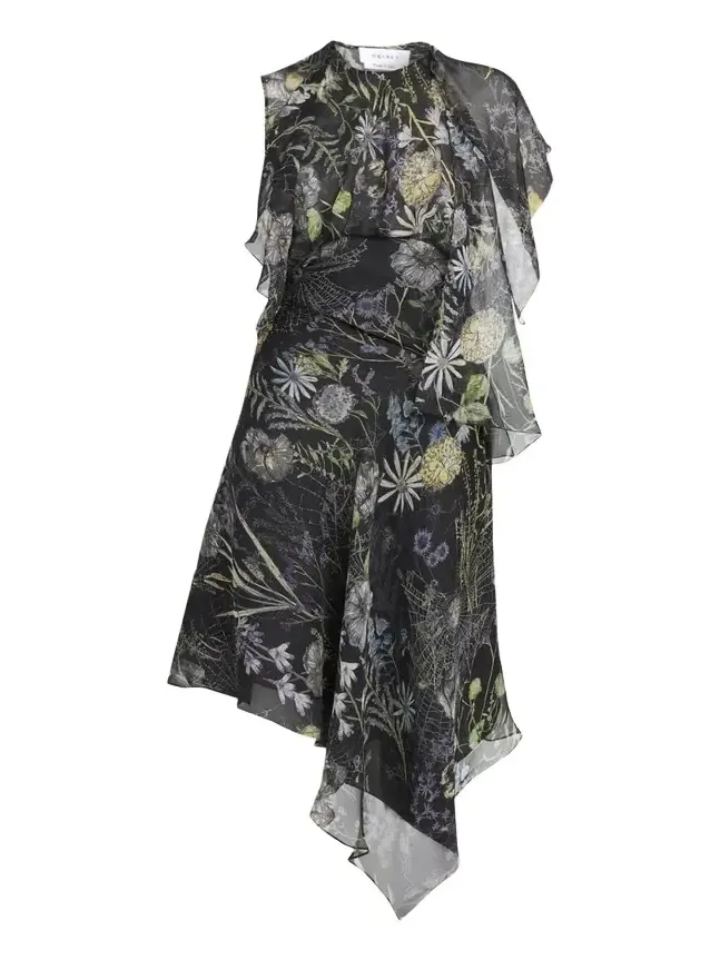 Floral-Print Asymmetric Ruffle Midi Dress