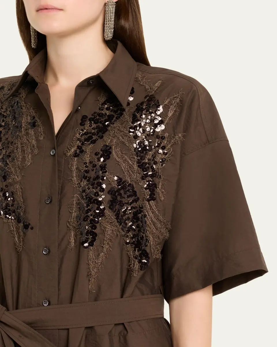 Brunello Cucinelli Sequin Embroidered Cotton Poplin Midi Shirtdress | Thumbnail 5