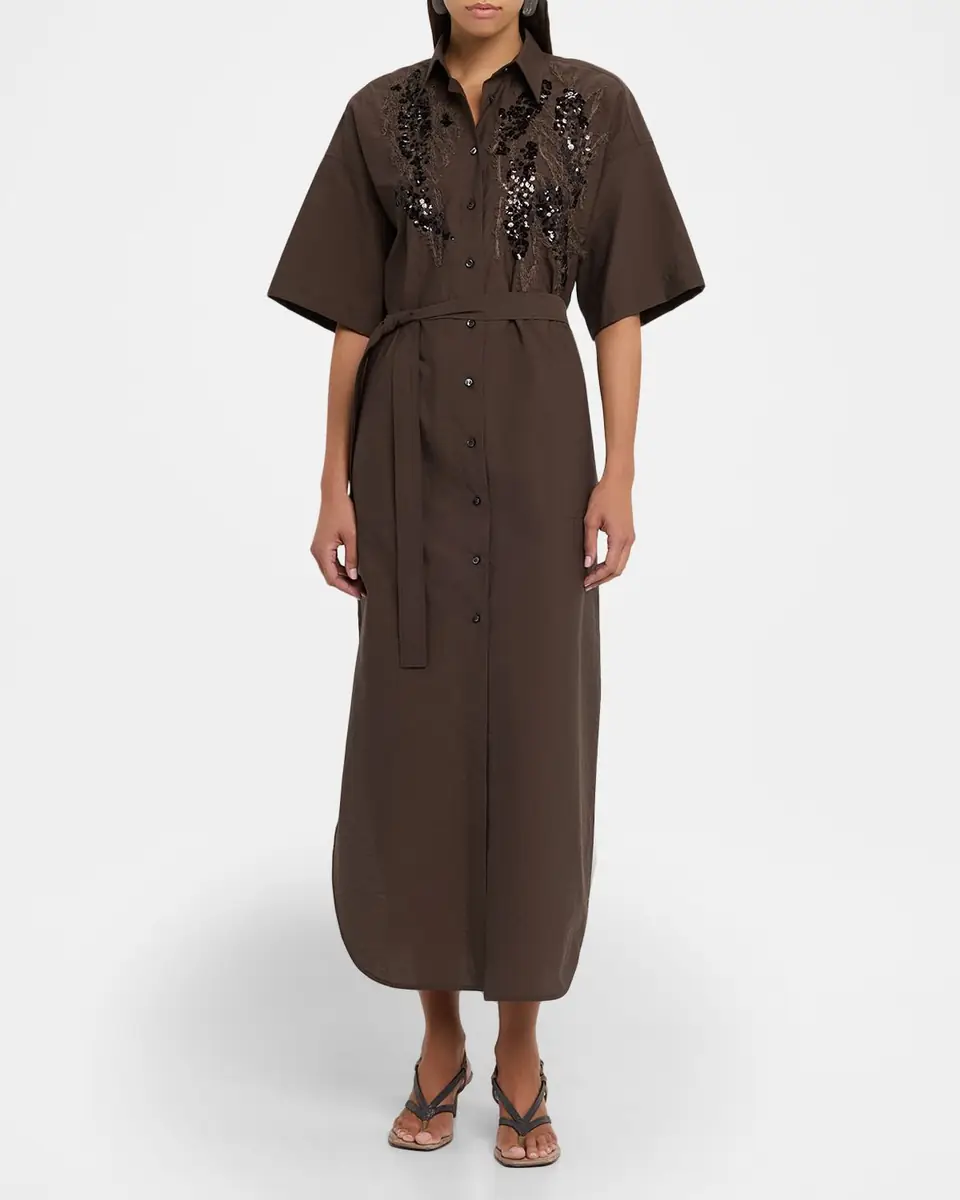 Brunello Cucinelli Sequin Embroidered Cotton Poplin Midi Shirtdress | Thumbnail 6