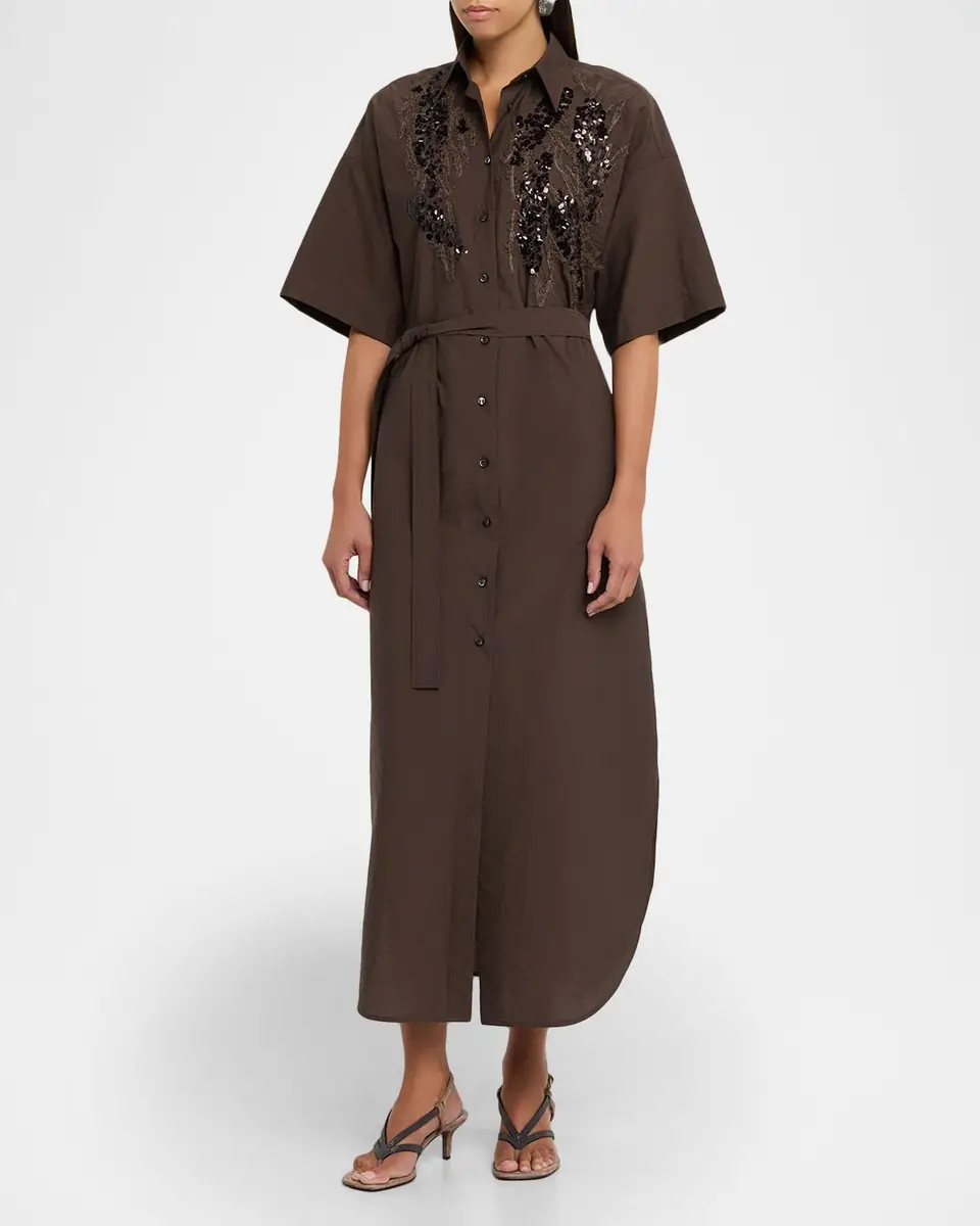 Brunello Cucinelli Sequin Embroidered Cotton Poplin Midi Shirtdress | Thumbnail 8